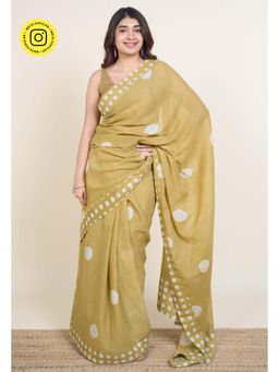 The Indian Ethnic Co. - Samiha Khaki Batik Hand Block Print Mul Cotton Saree Without Blouse