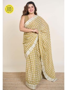 The Indian Ethnic Co. - Madiha Khaki Batik Hand Block Print Mul Cotton Saree Without Blouse