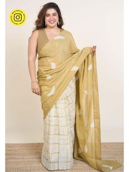 The Indian Ethnic Co. - Rima Khaki Batik Hand Block Print Mul Cotton Saree Without Blouse
