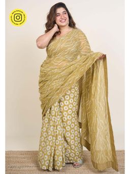 The Indian Ethnic Co. - Tuba Khaki Batik Hand Block Print Mul Cotton Saree Without Blouse