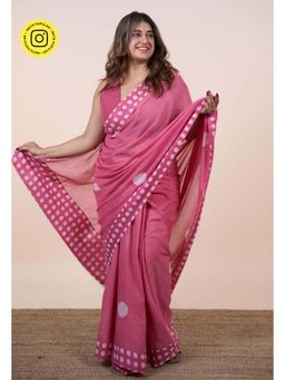The Indian Ethnic Co. - Insha Pink Batik Hand Block Print Mul Cotton Saree Without Blouse