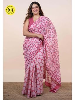 The Indian Ethnic Co. - Taya Pink Batik Hand Block Print Mul Cotton Saree Without Blouse