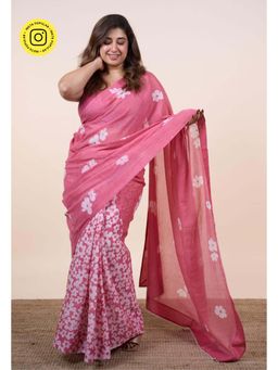 The Indian Ethnic Co. - Jasmin Pink Batik Hand Block Print Mul Cotton Saree Without Blouse