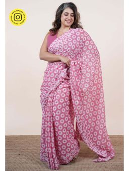 The Indian Ethnic Co. - Luma Pink Batik Hand Block Print Mul Cotton Saree Without Blouse