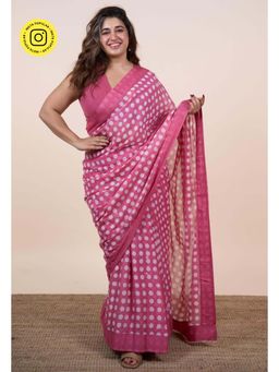 The Indian Ethnic Co. - Areeza Pink Batik Hand Block Print Mul Cotton Saree Without Blouse