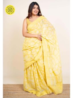 The Indian Ethnic Co. - Zohra Yellow Batik Hand Block Print Mul Cotton Saree Without Blouse