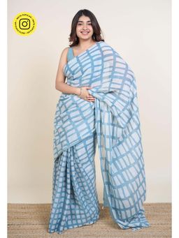 The Indian Ethnic Co. - Mishi Blue Batik Hand Block Print Mul Cotton Saree Without Blouse