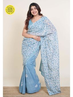 The Indian Ethnic Co. - Warisha Blue Batik Hand Block Print Mul Cotton Saree Without Blouse