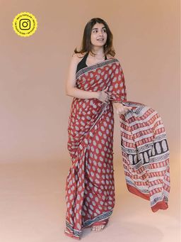 The Indian Ethnic Co. - Maroon Butta Bagru Hand Block Print Modal Saree with Unstitched Blouse.
