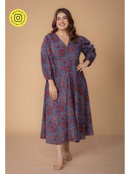 The Indian Ethnic Co. - Eyza Blue Dabu Slub Cotton A Line Dress