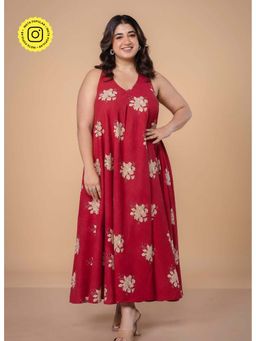 The Indian Ethnic Co. - Red Cotton Slub Floral A-Line Maxi Dress