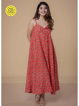 The Indian Ethnic Co. - Orange Cotton Slub Floral A-Line Maxi Dress