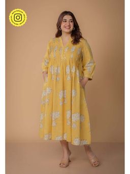 The Indian Ethnic Co. - Yellow Cotton Slub Floral A-Line Midi Dress