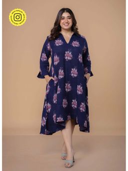 The Indian Ethnic Co. - Navy Blue Cotton Slub Floral A-Line Midi Dress