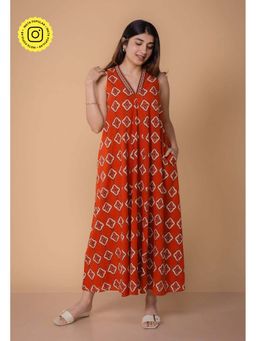 The Indian Ethnic Co. - Orange Cotton Slub Floral A-Line Maxi Dress