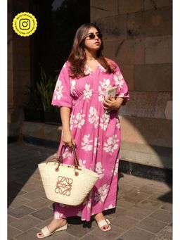 The Indian Ethnic Co. - Pink Cotton Slub Printed Kaftan Dress