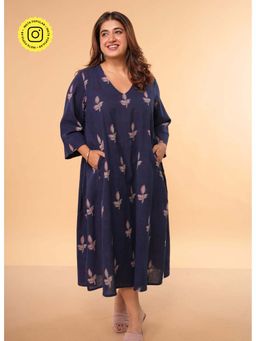 The Indian Ethnic Co. - Navy Blue Pure Cotton Floral A-Line Midi Dress