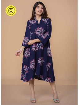 The Indian Ethnic Co. - Navy Blue Cotton Slub Floral A-Line Midi Dress