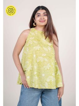 The Indian Ethnic Co. - Lime Green Printed Cotton A-Line Short Top