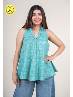 The Indian Ethnic Co. - Aqua Blue Printed Cotton A-Line Short Top