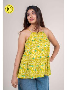 The Indian Ethnic Co. - Lime Yellow Printed Cotton A-Line Short Top