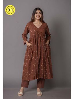 The Indian Ethnic Co. - Trupti Brown Bandhani Cotton A Line Kurta
