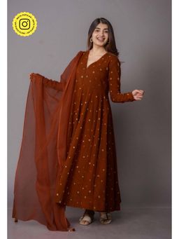The Indian Ethnic Co. - Amaya Brown Bandhani Cotton Kali Kurta With Embroidery