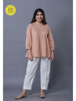 The Indian Ethnic Co. - Neha Peach Bandhani Cotton A Line Short Top