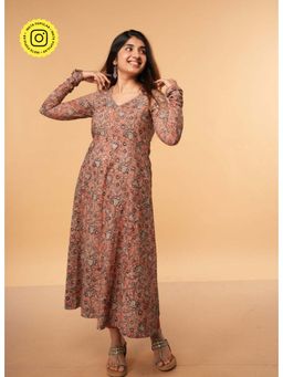 The Indian Ethnic Co. - Huma Peach Kalamkari Cotton Kali Kurta