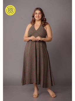 The Indian Ethnic Co. - Priti Grey Bandhani Cotton A Line Midi Dress