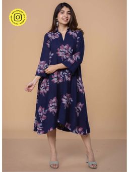 The Indian Ethnic Co. - Drisha Blue Dabu Slub Cotton A Line Midi Dress