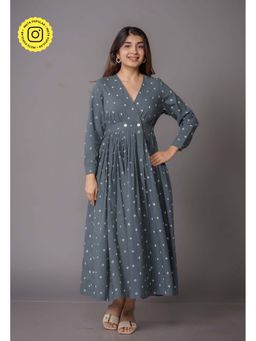 The Indian Ethnic Co. - Kimaya Grey Bandhani Cotton A Line Maxi Dress
