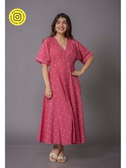 The Indian Ethnic Co. - Reema Pink Bandhani Cotton A Line Maxi Dress