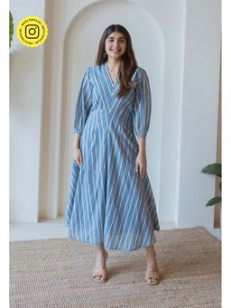 The Indian Ethnic Co. - Iyana Blue Ajrakh Cotton A Line Midi Dress