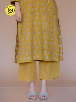 The Indian Ethnic Co. - Yashi Yellow Solid Slub Cotton Straight Pant
