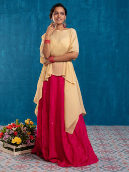 Gajra Gang - Off White Pleated Overlay With Skirt & Belt ( Set of 4) GGLEH41 (Set of 4)