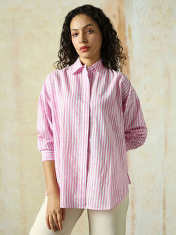 High Star - Women Striped Oversized Spread Collar Long Sleeve Shirt