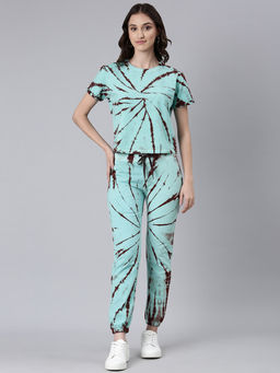 SHOWOFFFF - Women Short Sleeves Tie and Dye Round Neck Knitted Sea Green Tracksuit