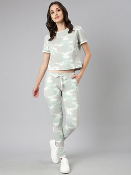 SHOWOFFFF - Women Short Sleeves Tie and Dye Round Neck Knitted Sea Green Tracksuit