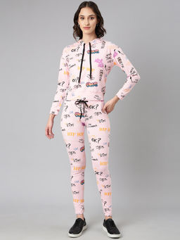 SHOWOFFFF - Women Long Sleeves Typography Hooded Knitted Pink Tracksuit