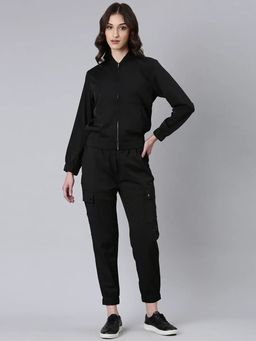 SHOWOFFFF - Women Long Sleeves Solid Mandarin Collar Black Tracksuit