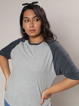 Instafab Plus - Womens Light Grey and Prussian Blue Raglan Sleeve T-shirt