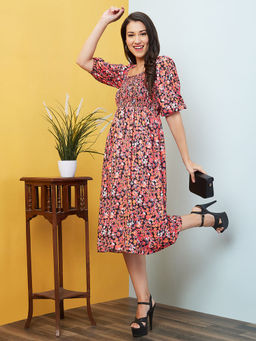 Globus - Women Multi Floral Print Bishop Sleeves Square Neck A-Line Casual Dress