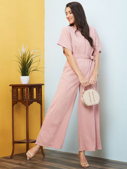Globus - Women Pink Round Neck With V Cut Kimono Sleeves Waist Tie-Up Longline Jumpsuit