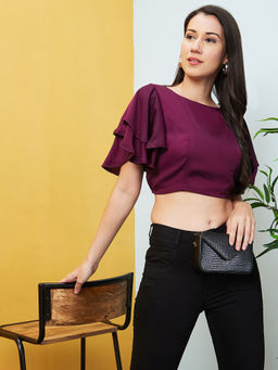 Globus - Women Purple Solid Round Neck Flared Sleeves Casual Crop Top
