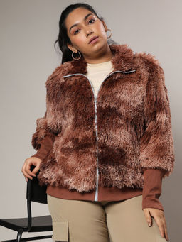 Instafab Plus - Womens Brown Veined Faux Fur Jacket