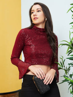 Globus - Women Maroon High Neck Bell Sleeve Sequinned Party Crop Top