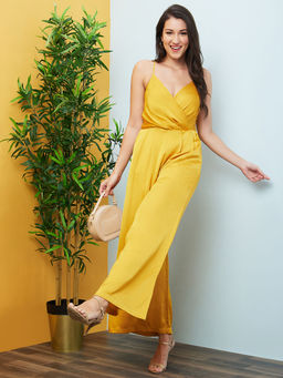Globus - Women Yellow Adjustable Strappy Shoulder Wrap Neck Flared Hem Party Jumpsuit