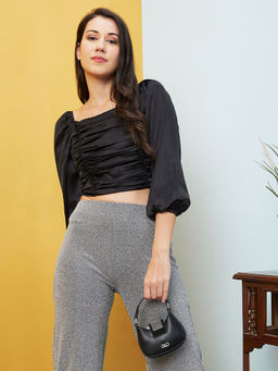 Globus - Women Black Solid Raglan Sleeves Ruched And Smocked Satin Party Top