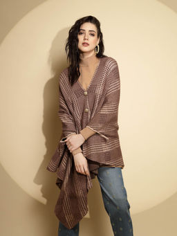 Global Republic - Women Brown Printed V-Neck Winter Poncho Shrug